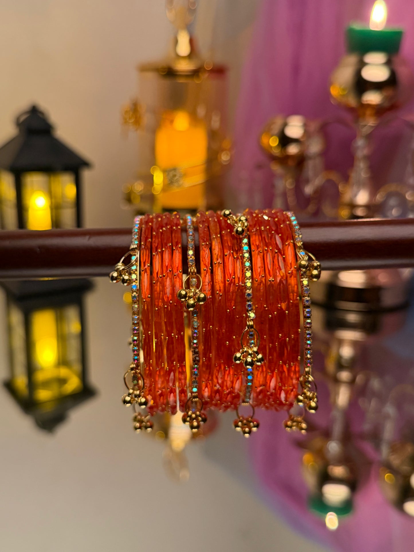 Kashmiri Amber Orange Raindrop stone Ghungroo Glass Bangles