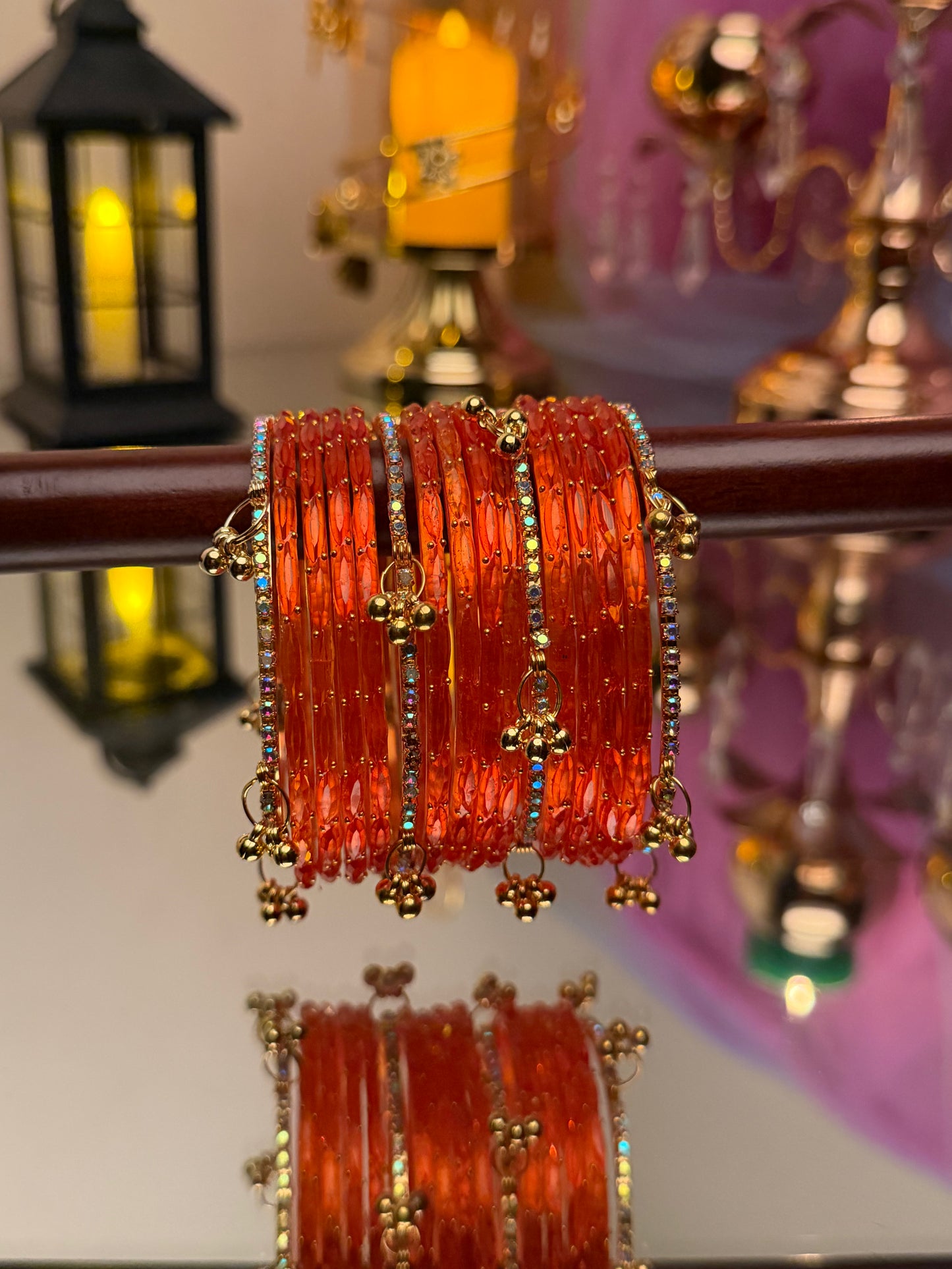 Kashmiri Amber Orange Raindrop stone Ghungroo Glass Bangles