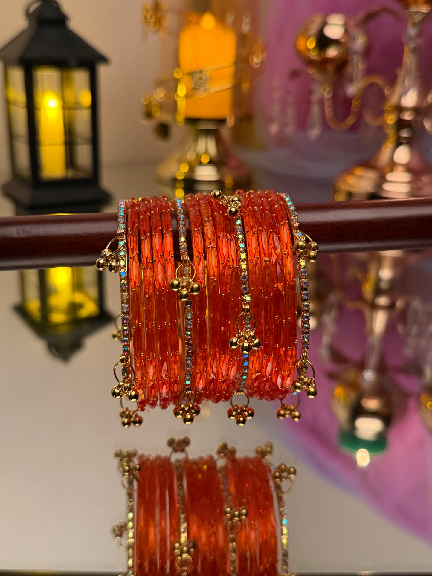 Kashmiri Amber Orange Raindrop stone Ghungroo Glass Bangles