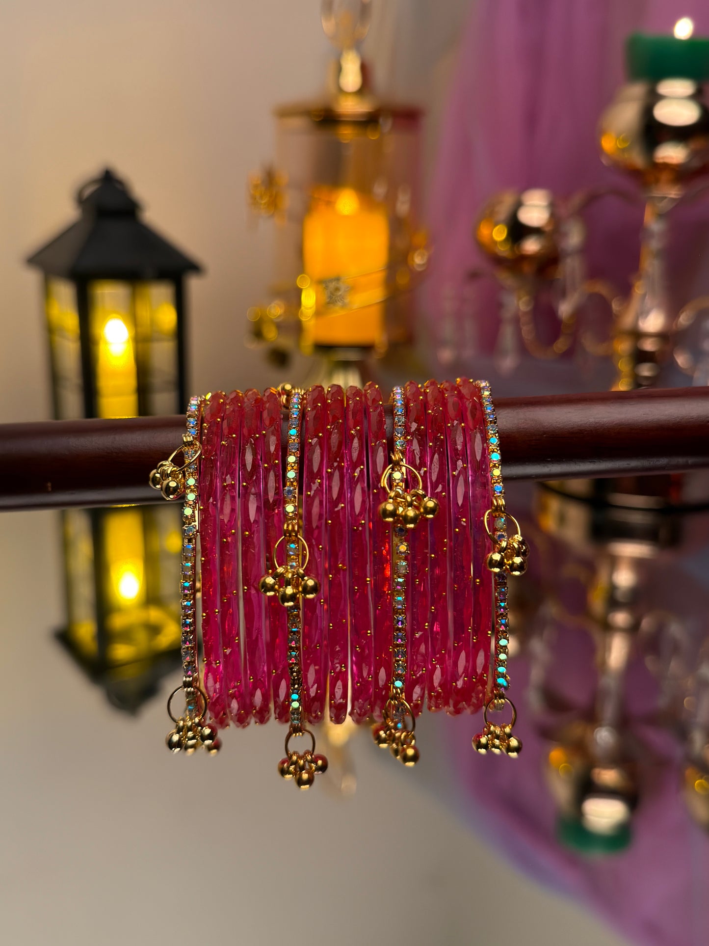 Kashmiri Fuchsia Pink Raindrop stone Ghungroo Glass Bangles