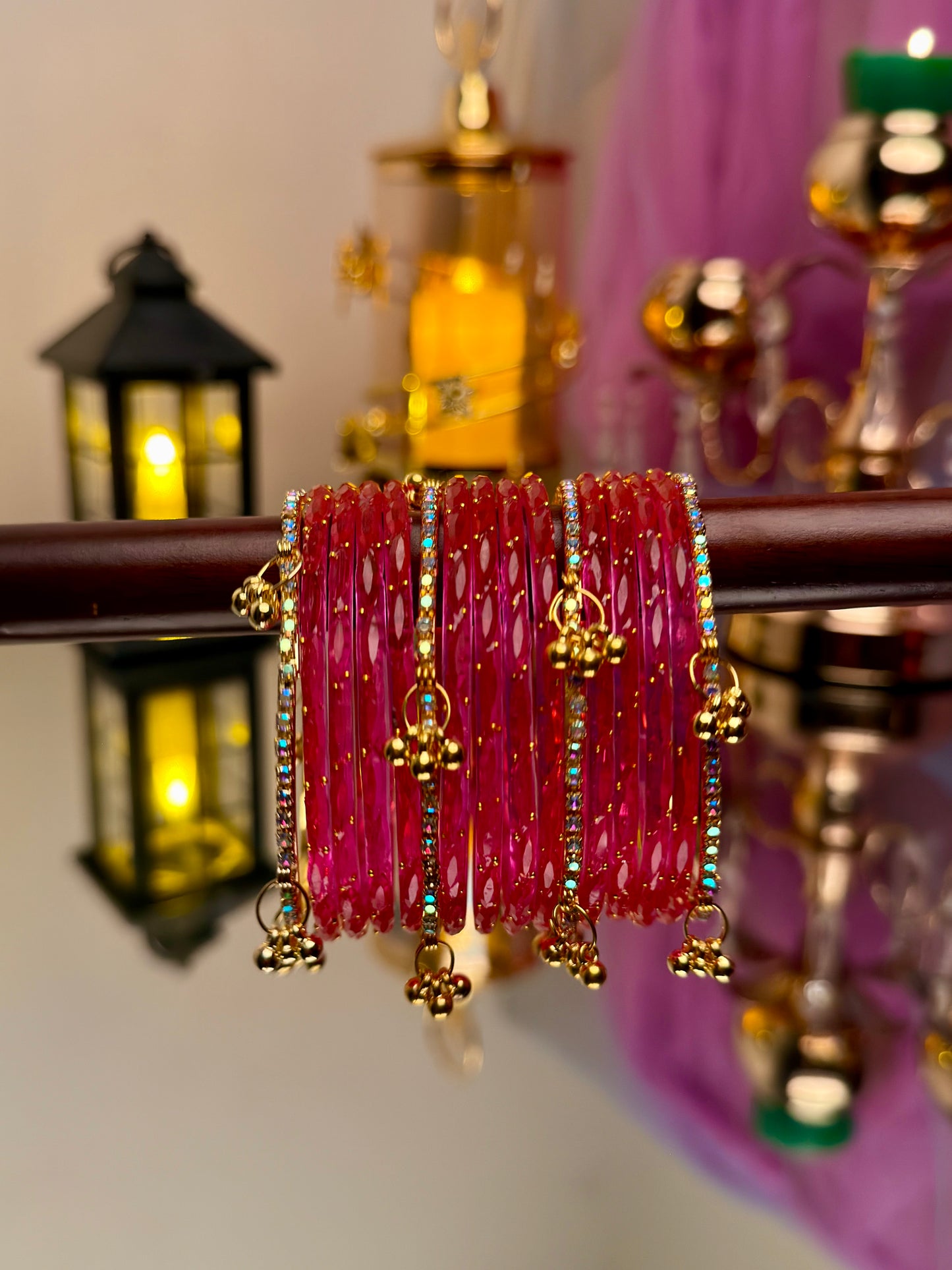 Kashmiri Fuchsia Pink Raindrop stone Ghungroo Glass Bangles