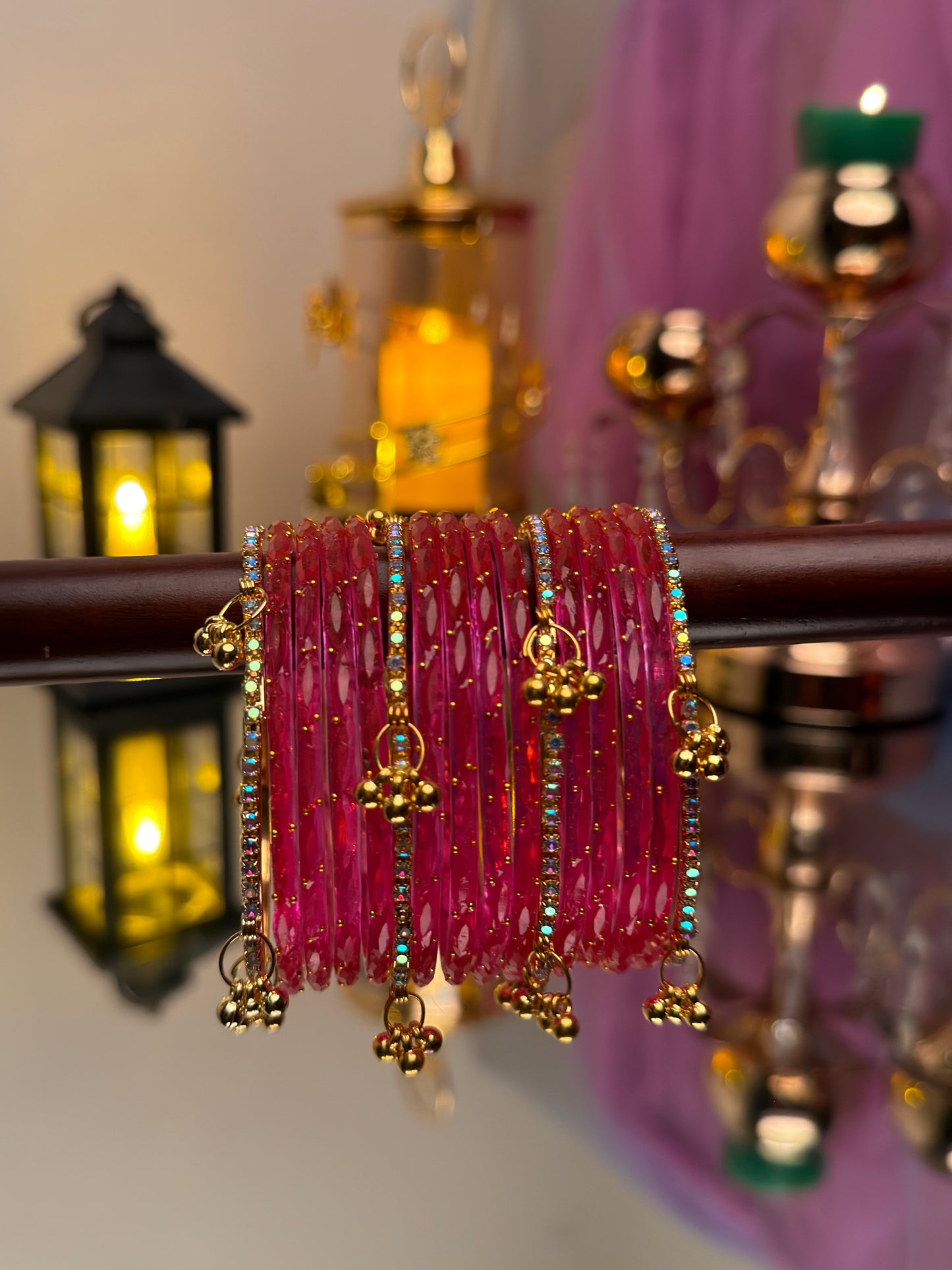 Kashmiri Fuchsia Pink Raindrop stone Ghungroo Glass Bangles