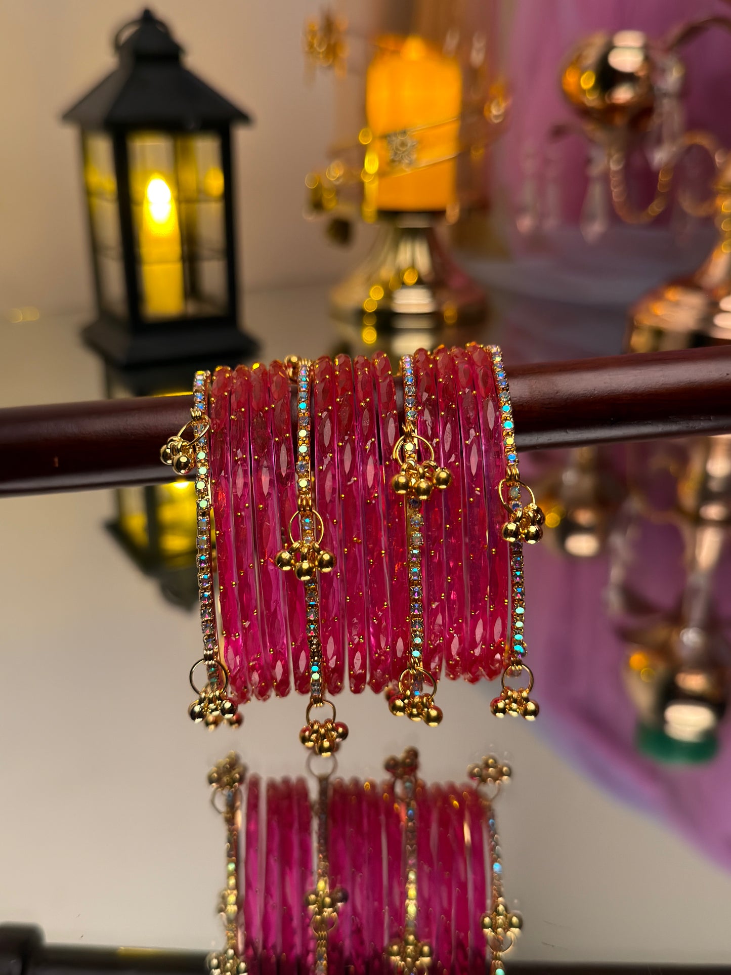 Kashmiri Fuchsia Pink Raindrop stone Ghungroo Glass Bangles