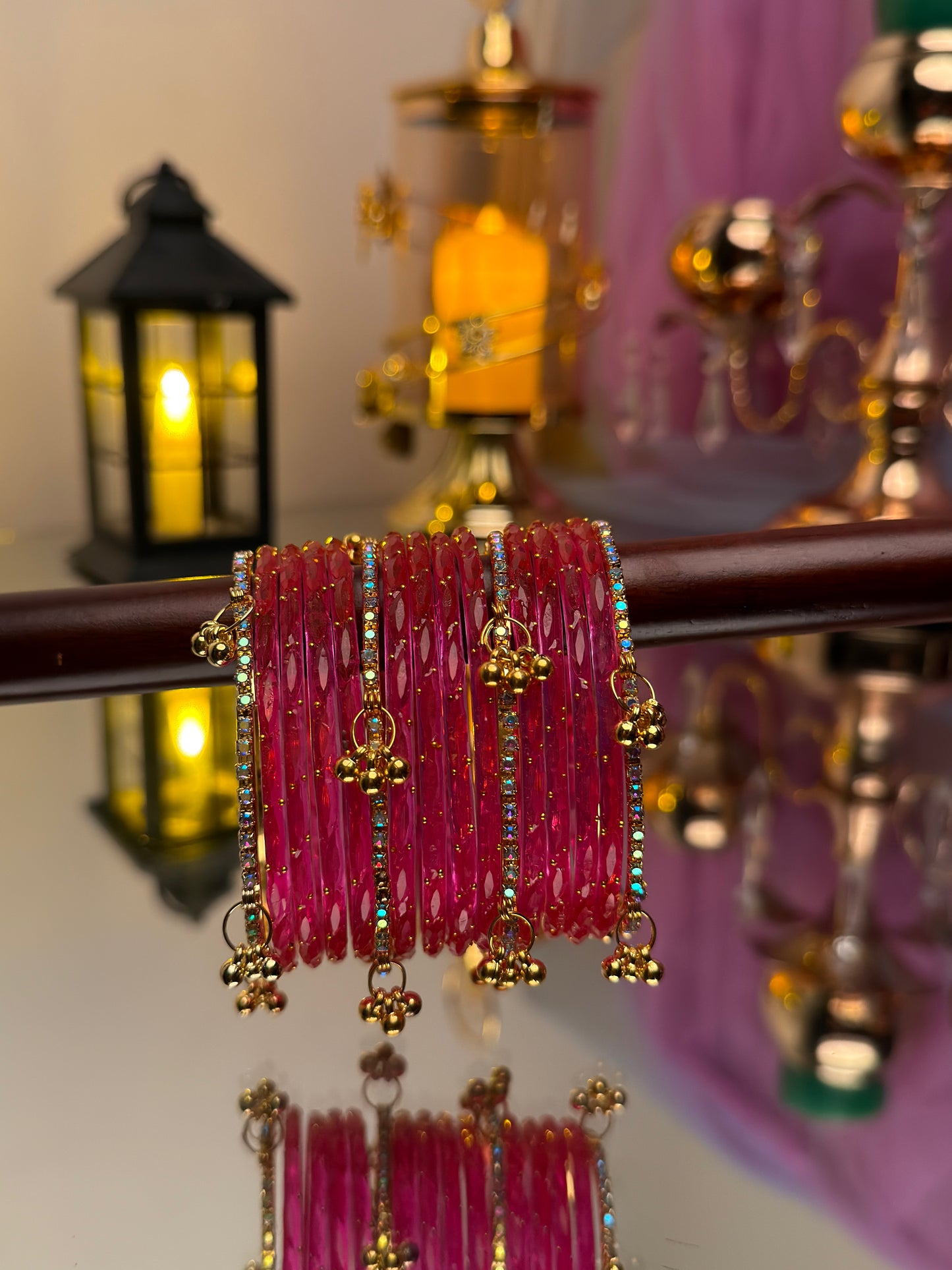 Kashmiri Fuchsia Pink Raindrop stone Ghungroo Glass Bangles