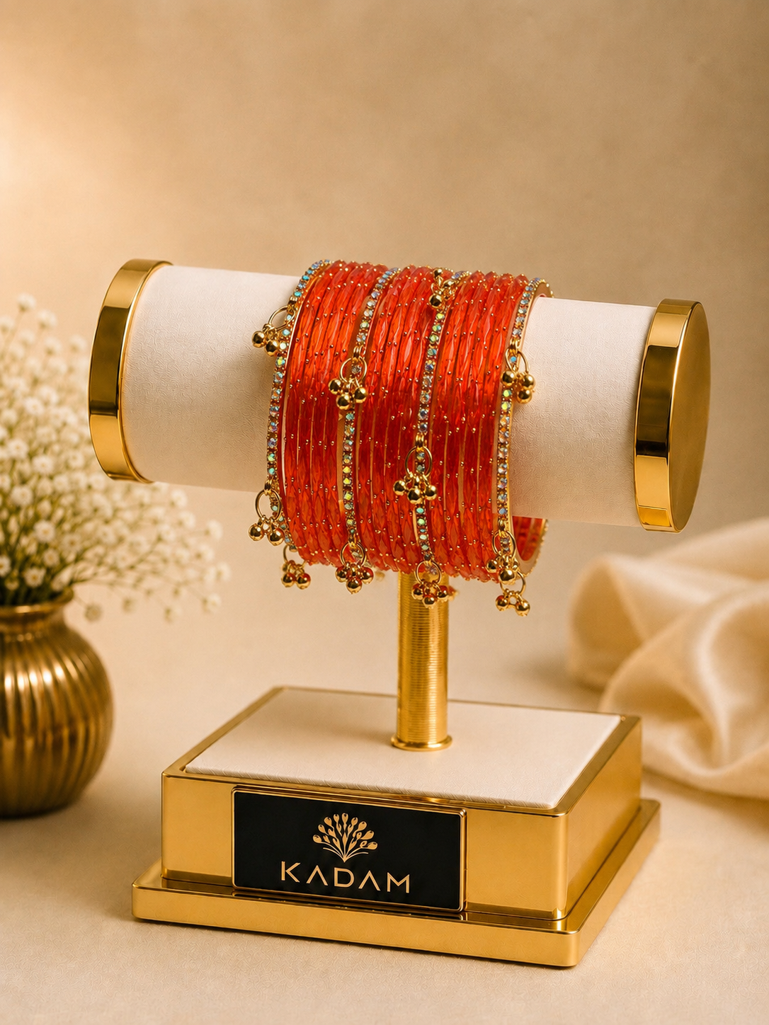 Kashmiri Amber Orange Raindrop stone Ghungroo Glass Bangles