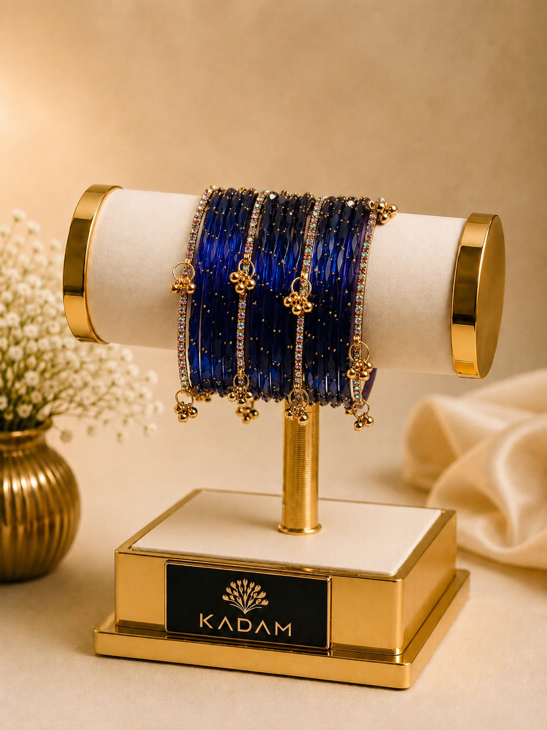 Kashmiri Royal Sapphire Blue  Raindrop stone Ghungroo Glass Bangles