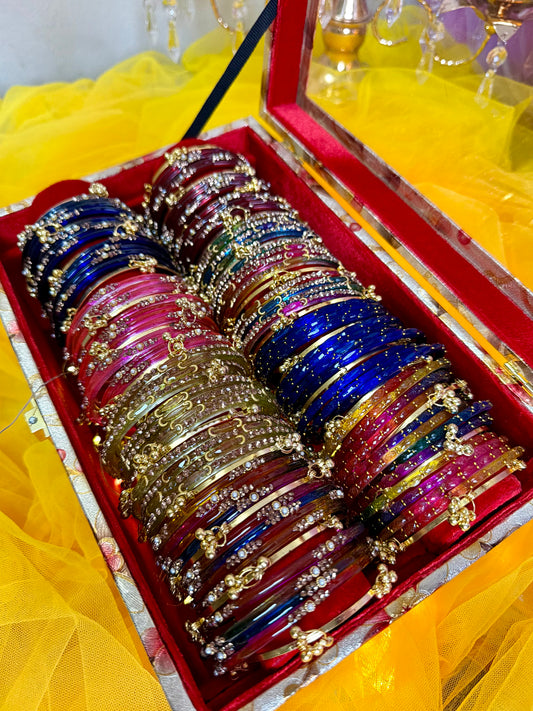 Premium 2-Row Kashmiri Churi Gift Box – 8 Sets (96 Pcs) Kashmiri Bangles + 32 Pcs Ghungroo | Luxury Glass Bangles Box
