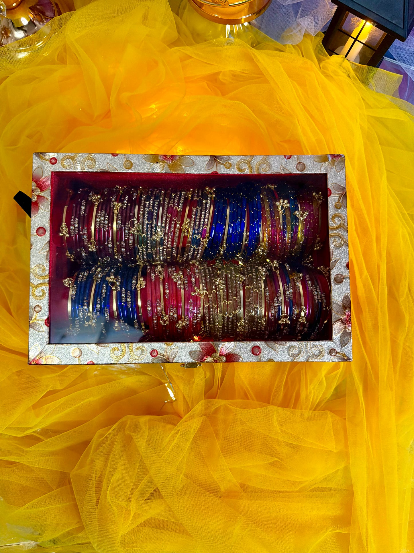 Premium 2-Row Kashmiri Churi Gift Box – 8 Sets (96 Pcs) Kashmiri Bangles + 32 Pcs Ghungroo | Luxury Glass Bangles Box