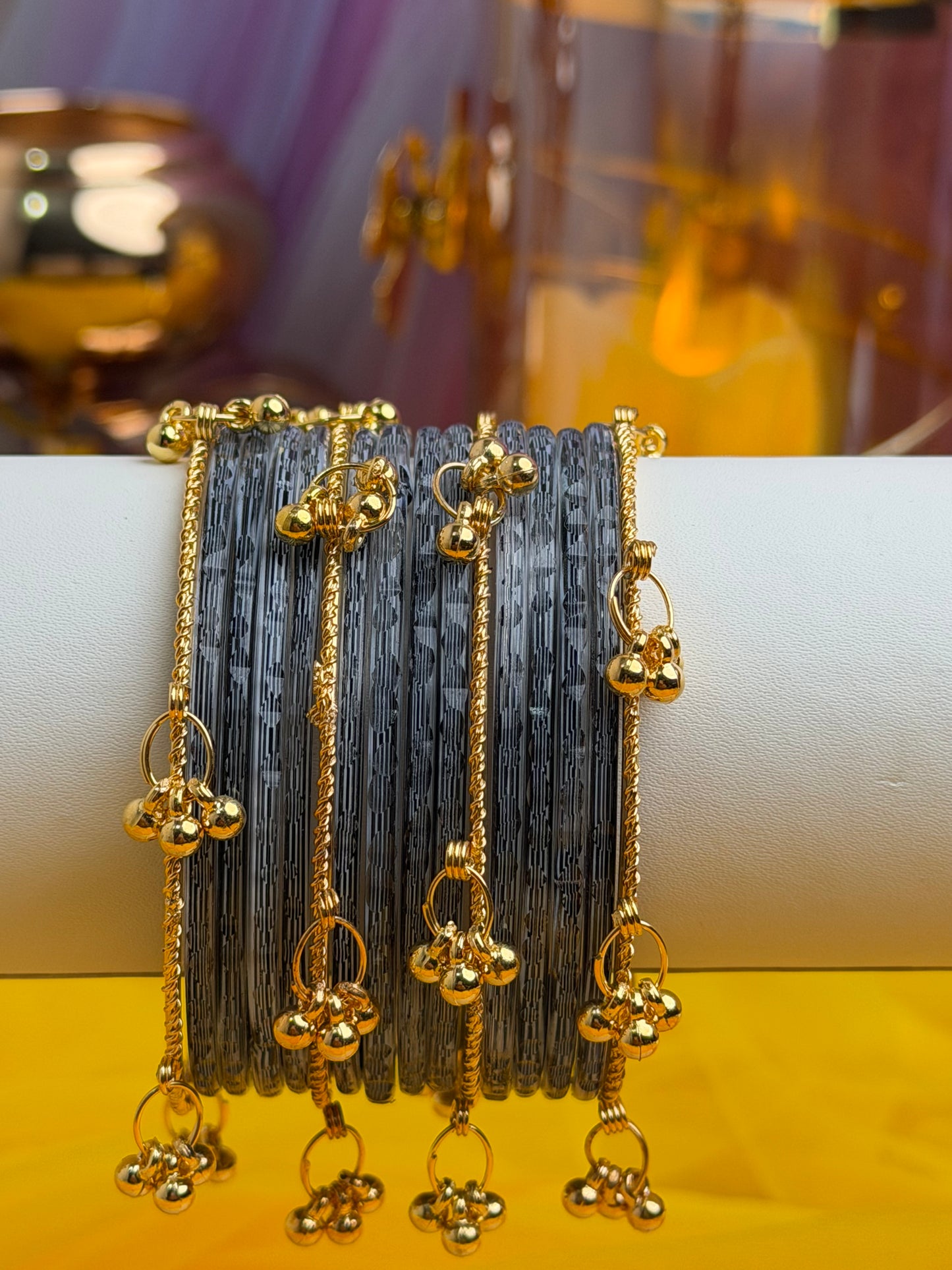 Kashmiri Smoky Black Faceted Ghungroo Bangles.