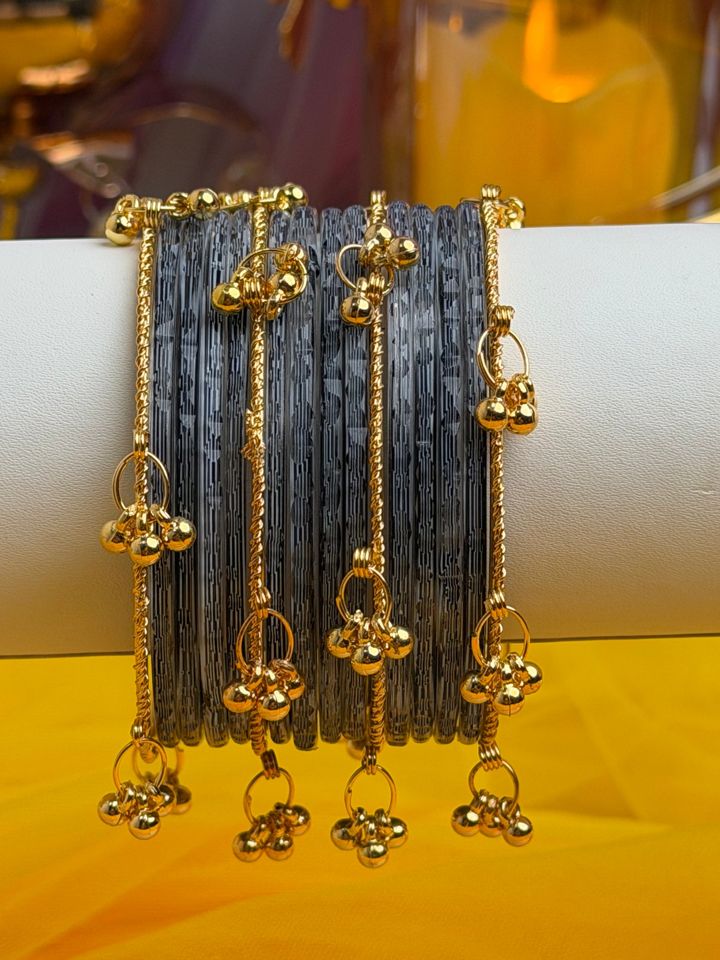 Kashmiri Smoky Black Faceted Ghungroo Bangles.