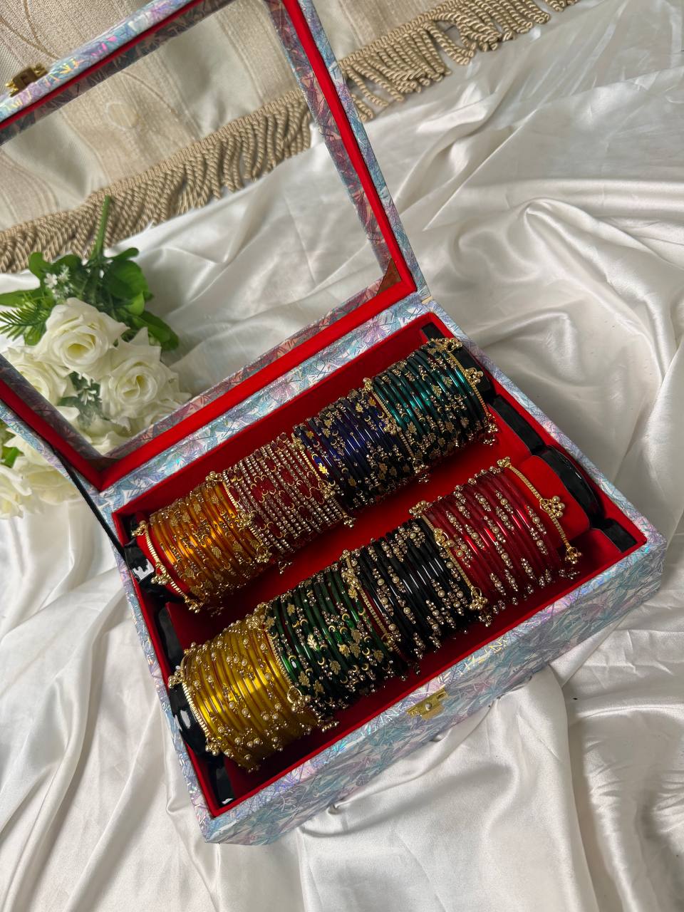 KADAM Premium Kashmiri Bangle Gift Box — 96 Bangles & 10 Ghungroo Bangles (Box included )
