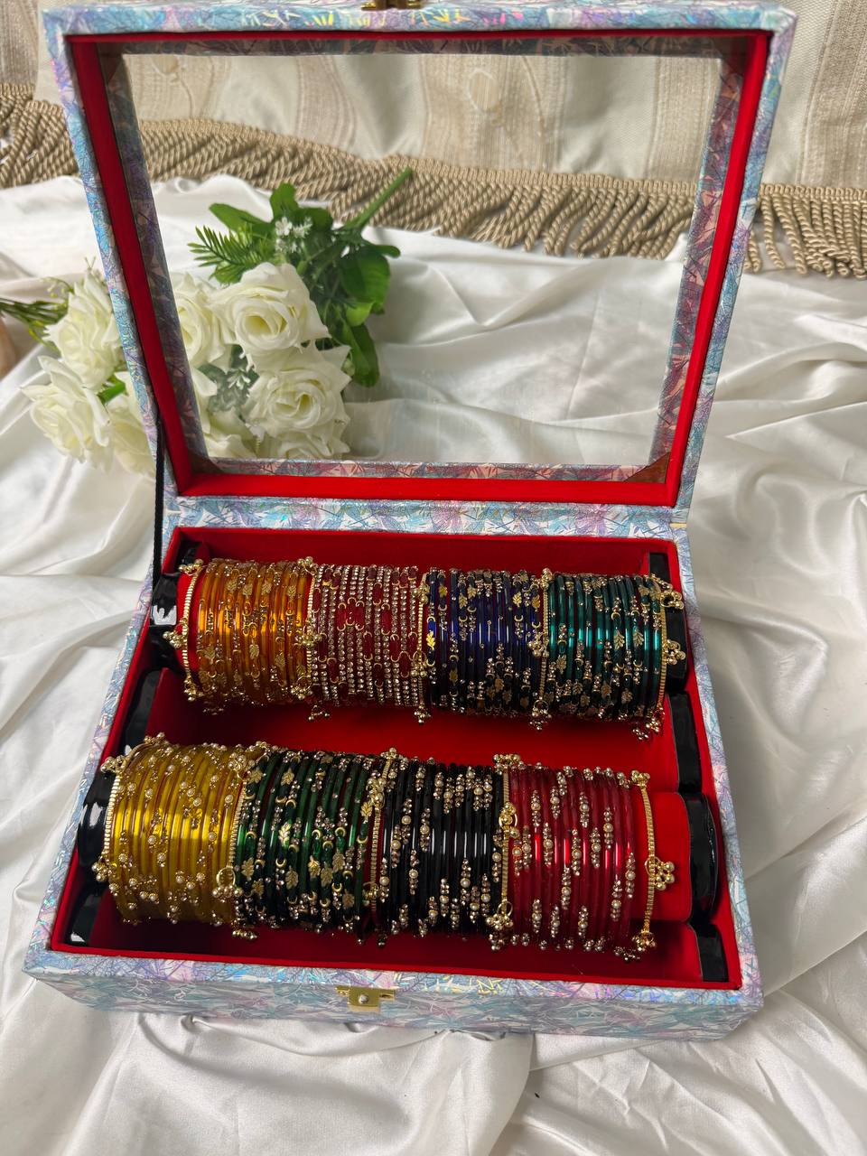 KADAM Premium Kashmiri Bangle Gift Box — 96 Bangles & 10 Ghungroo Bangles (Box included )