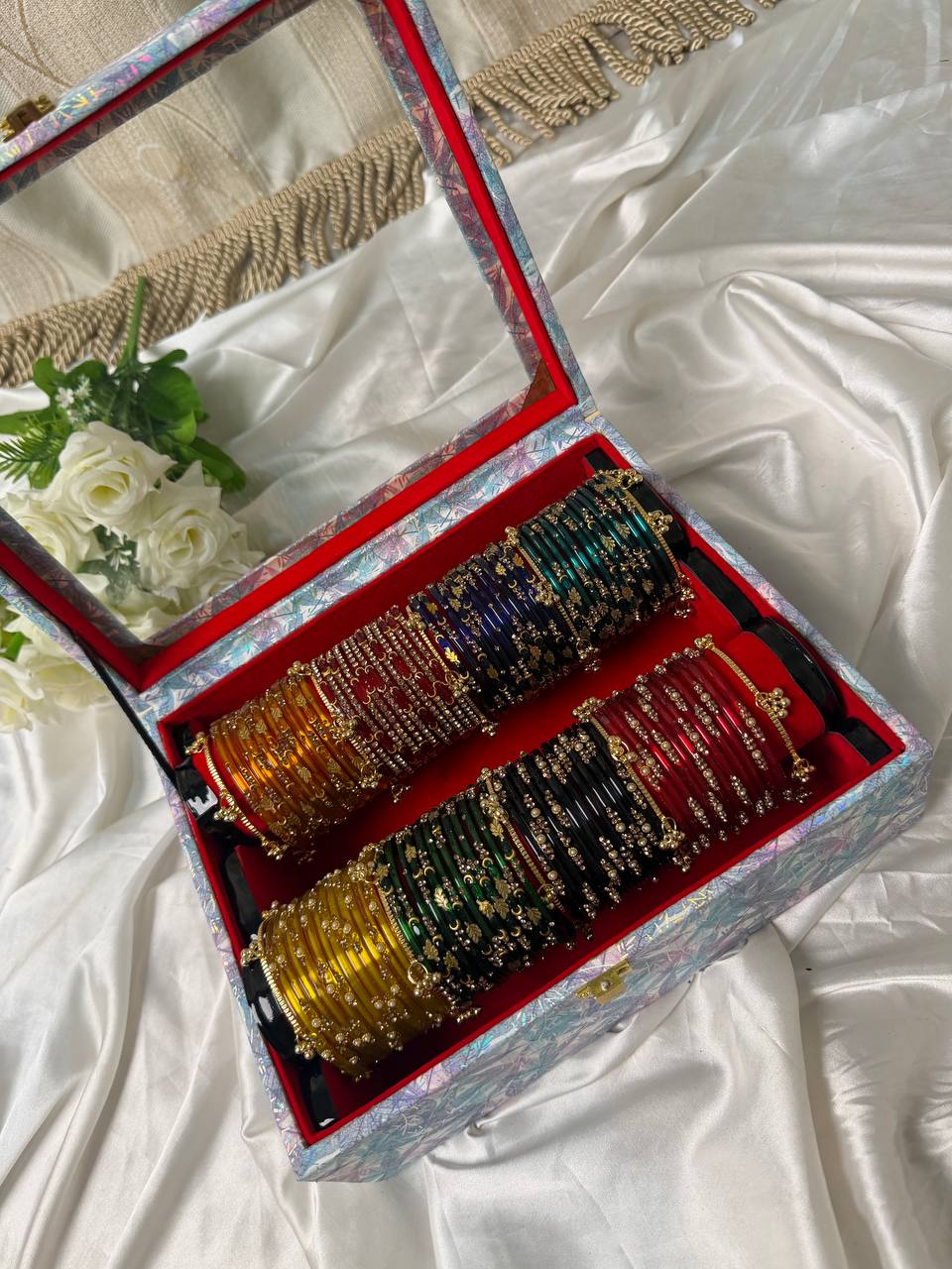 KADAM Premium Kashmiri Bangle Gift Box — 96 Bangles & 10 Ghungroo Bangles (Box included )