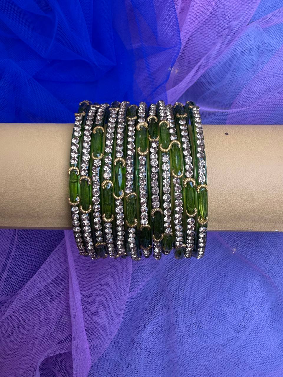 Kashmiri Dadima Emerald Green Crystal Glass Bangles