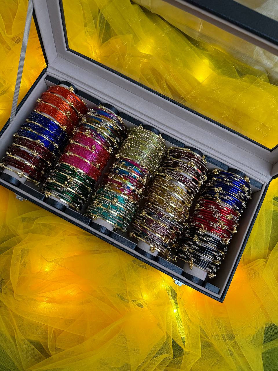 KADAM Royal 15 Set Premium Glass 5 Row Bangles Box with Ghungroo