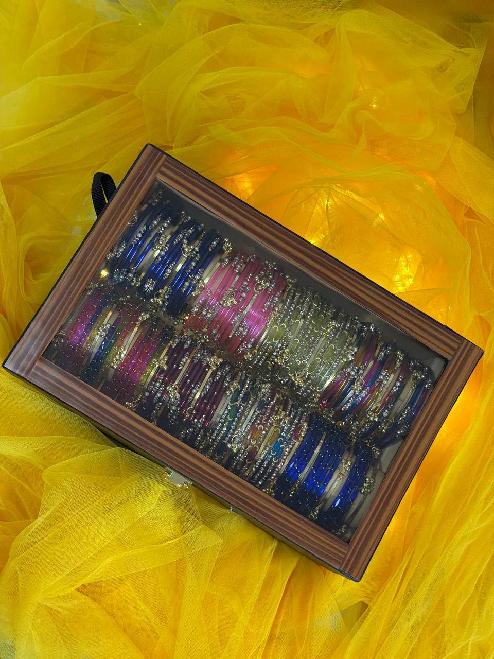 Kashmiri Premium 8 Set Ghungroo Bangle Collection Box – 96 Pcs Original Kashmiri Bangles + 32 Pcs Golden Ghungroo | Luxury Glass Display Gift Box