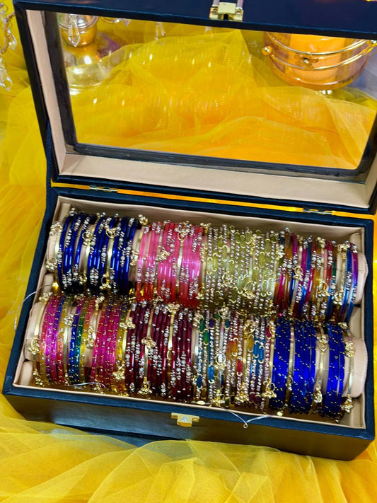 Kashmiri Premium 8 Set Ghungroo Bangle Collection Box – 96 Pcs Original Kashmiri Bangles + 32 Pcs Golden Ghungroo | Luxury Glass Display Gift Box