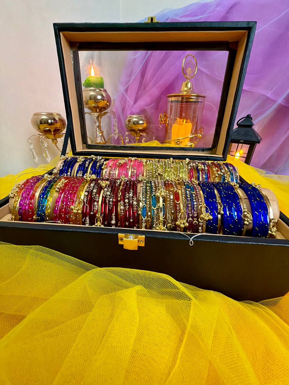 Kashmiri Premium 8 Set Ghungroo Bangle Collection Box – 96 Pcs Original Kashmiri Bangles + 32 Pcs Golden Ghungroo | Luxury Glass Display Gift Box