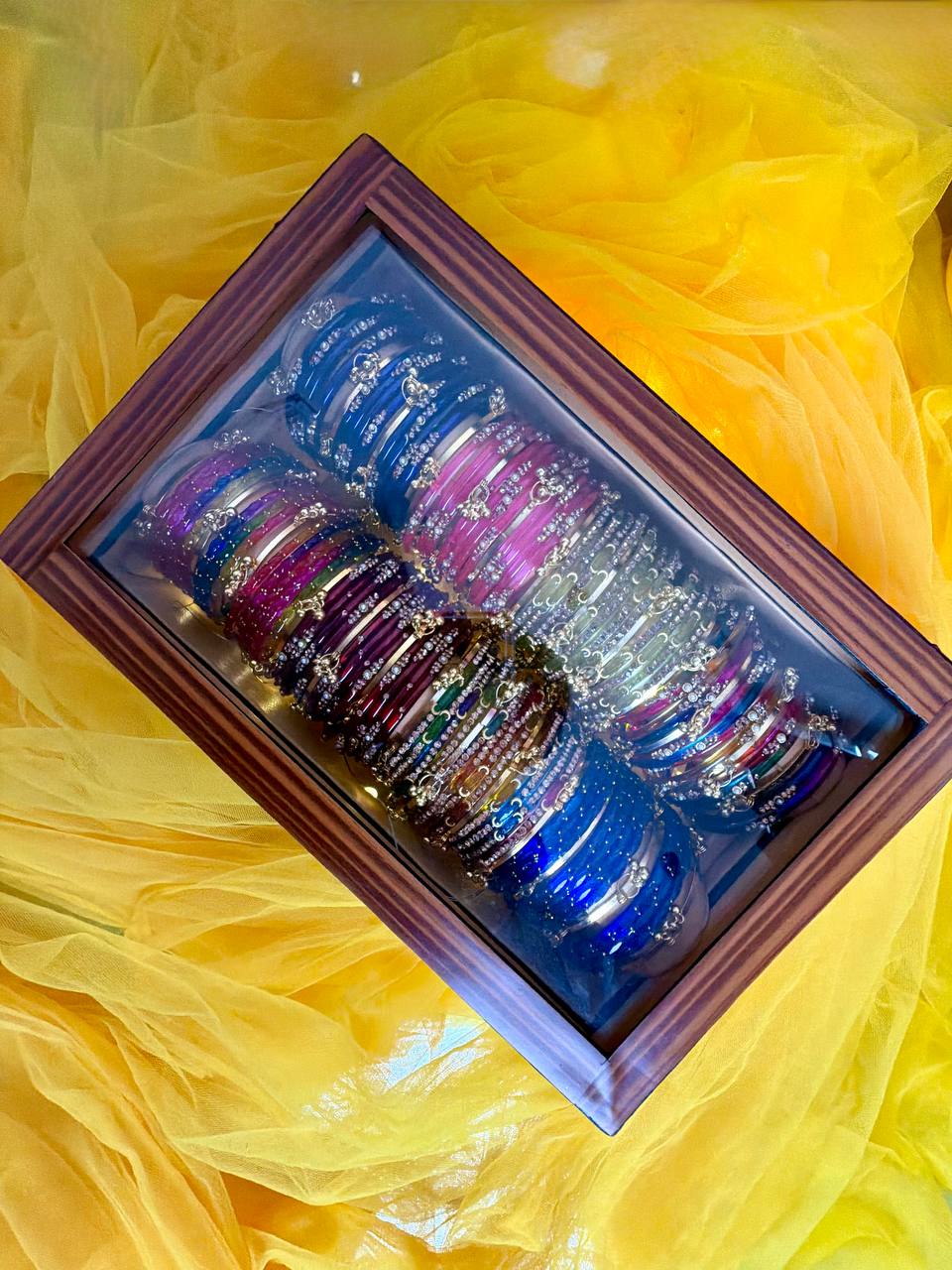 Kashmiri Premium 8 Set Ghungroo Bangle Collection Box – 96 Pcs Original Kashmiri Bangles + 32 Pcs Golden Ghungroo | Luxury Glass Display Gift Box