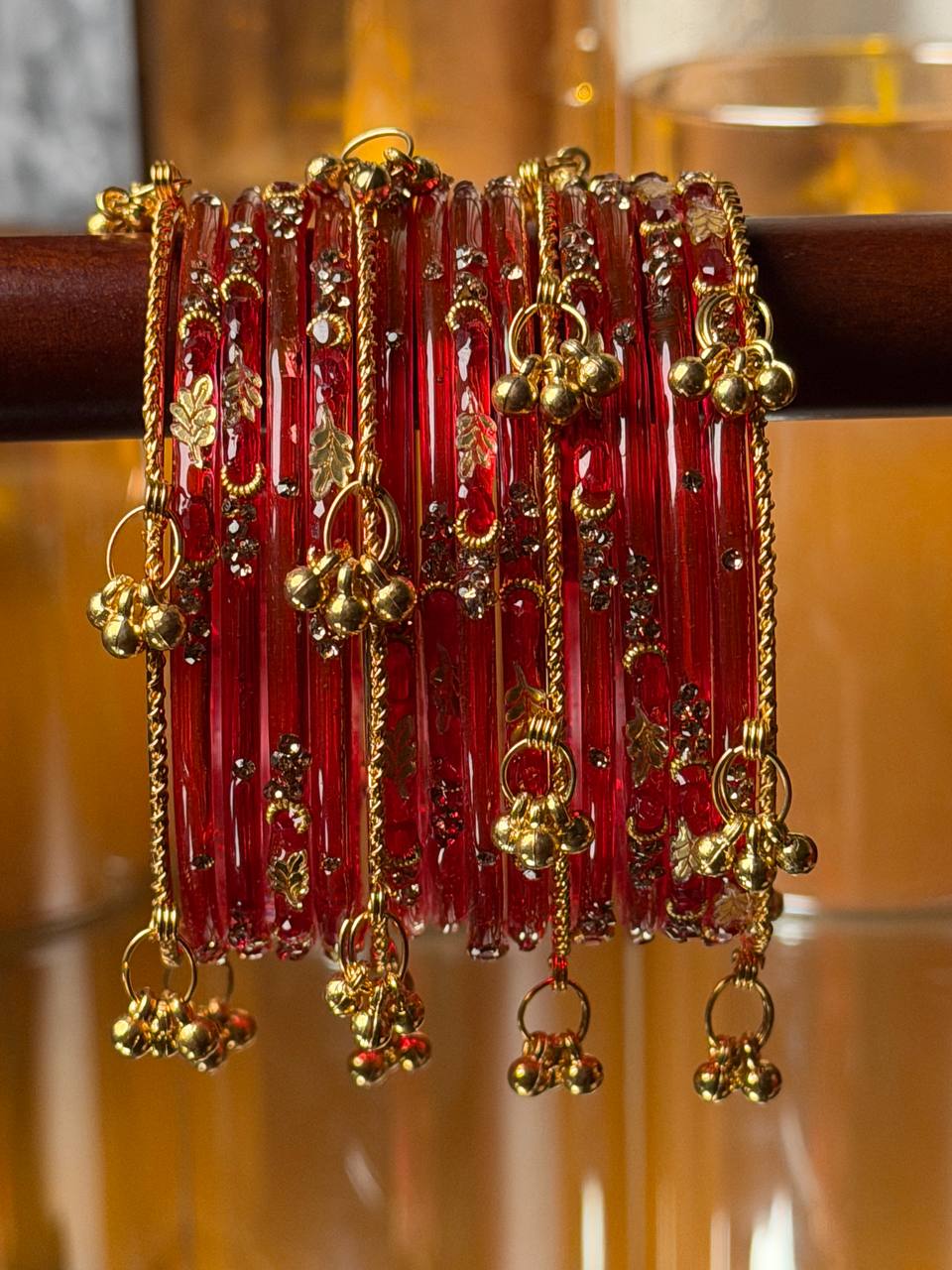 Kashmiri Red Golden Leaf ghungroo Bangles