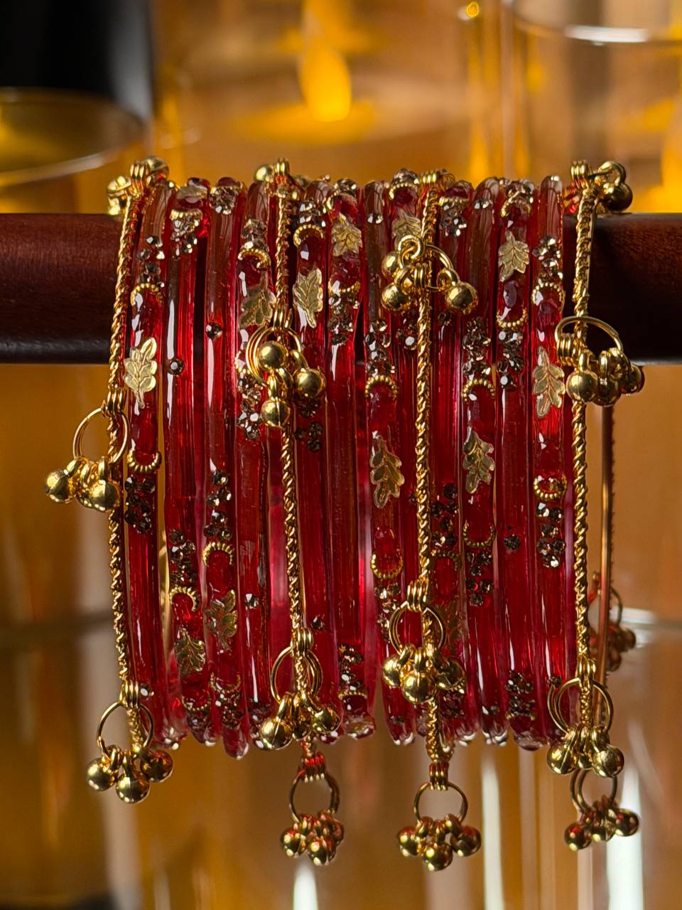 Kashmiri Red Golden Leaf ghungroo Bangles