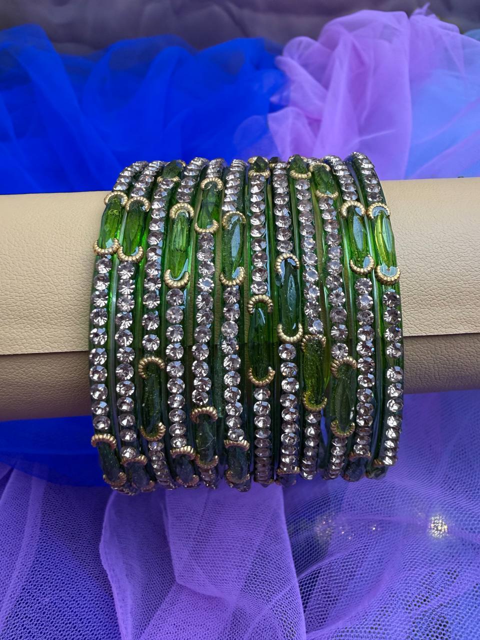 Kashmiri Dadima Emerald Green Crystal Glass Bangles