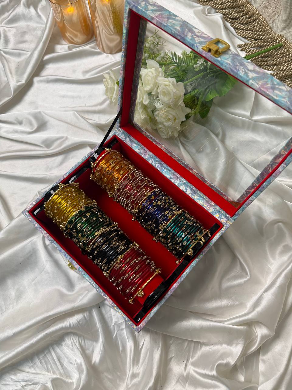 KADAM Premium Kashmiri Bangle Gift Box — 96 Bangles & 10 Ghungroo Bangles (Box included )