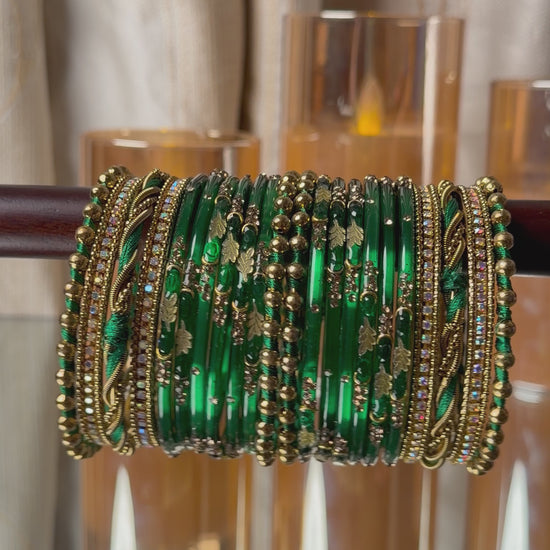 Twisted Wave Emerald Green & Antique Gold Crystal Bangles